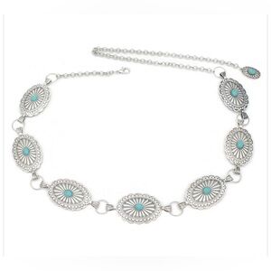 Western Oval Silver and Turquoise Concho Chain Belt 43” Long fashion belt